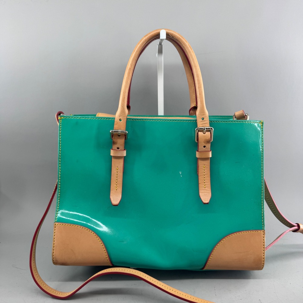 Dooney & Bourke Womens Patent Leather Satchel Crossbody Bag Teal Green Tan - Picture 3 of 16